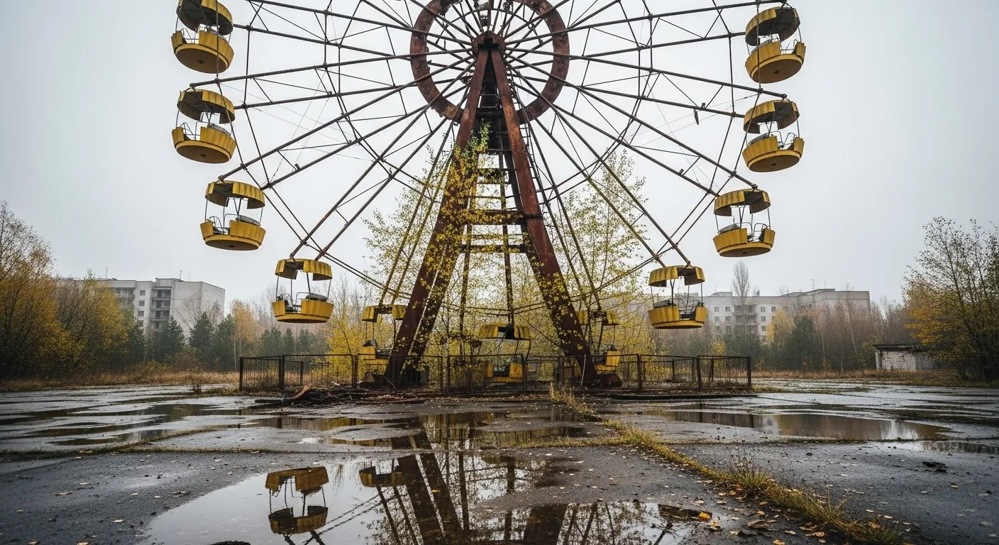 The decaying, yellow Ferris wheel of Pripyat stands against a grey, overcast sky, with dense green forest growing around its base.