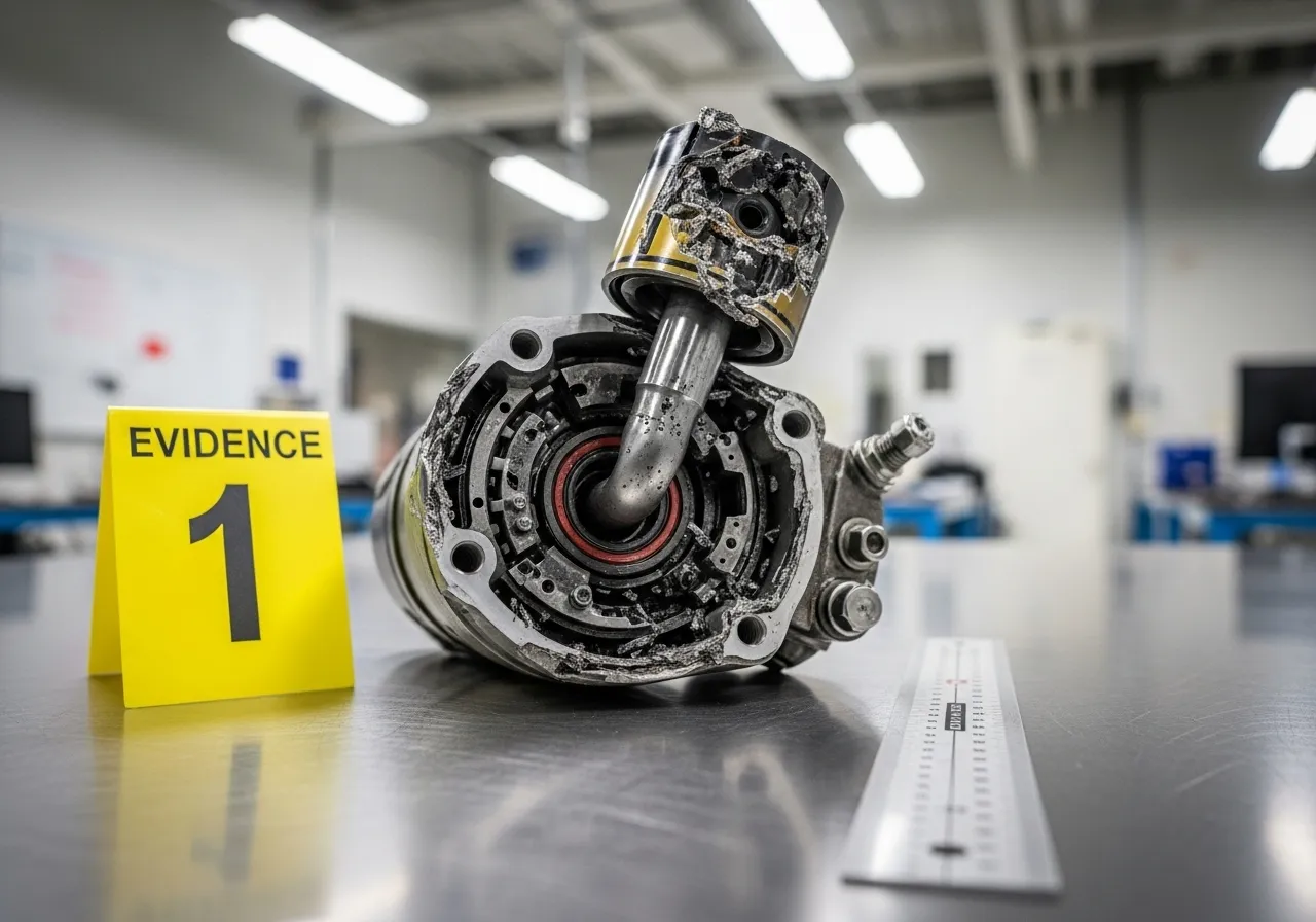 A fractured metal aircraft component, a hydraulic actuator, rests on a lab bench next to a yellow evidence cone and a ruler for scale.