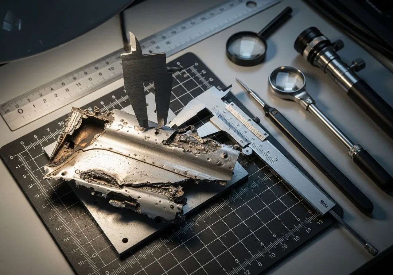 A close-up of a damaged metal aircraft part on a lab bench with a grid. Calipers and other tools are laid out beside the part for analysis.