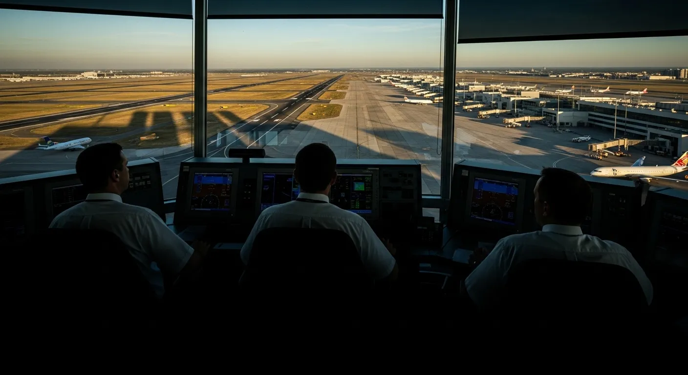 A view from an air traffic control tower overlooking airport runways at sunset. The interior is dark, with silhouettes of personnel visible.