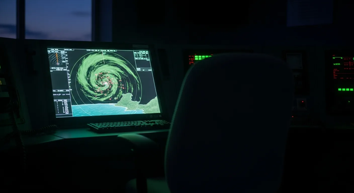 An abstract weather radar screen in a dark room showing a coastline. The screen's glow illuminates an empty chair in front of it.