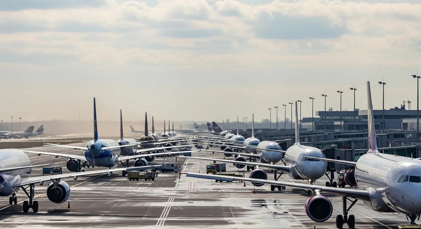 A long line of passenger airplanes on a crowded airport tarmac seen from a distance on a hazy day, suggesting a traffic bottleneck.