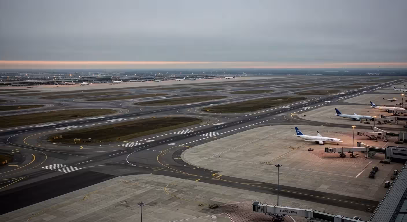 An expansive aerial view of an airport's intersecting runways and taxiways at dawn, with distant, generic airplanes on the tarmac.