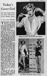 Newspaper clipping of Mamie Van Doren, and Universal studios grooming of her being the next Marilyn Monroe. The Chicago Tribune newspaper, J