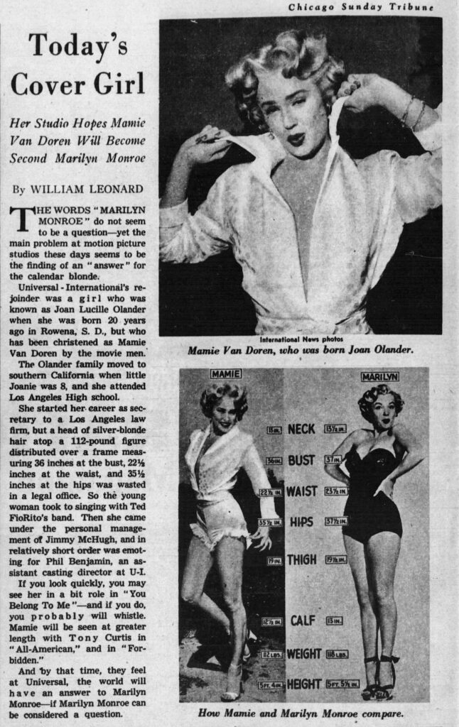 Newspaper clipping of Mamie Van Doren, and Universal studios grooming of her being the next Marilyn Monroe. The Chicago Tribune newspaper, J