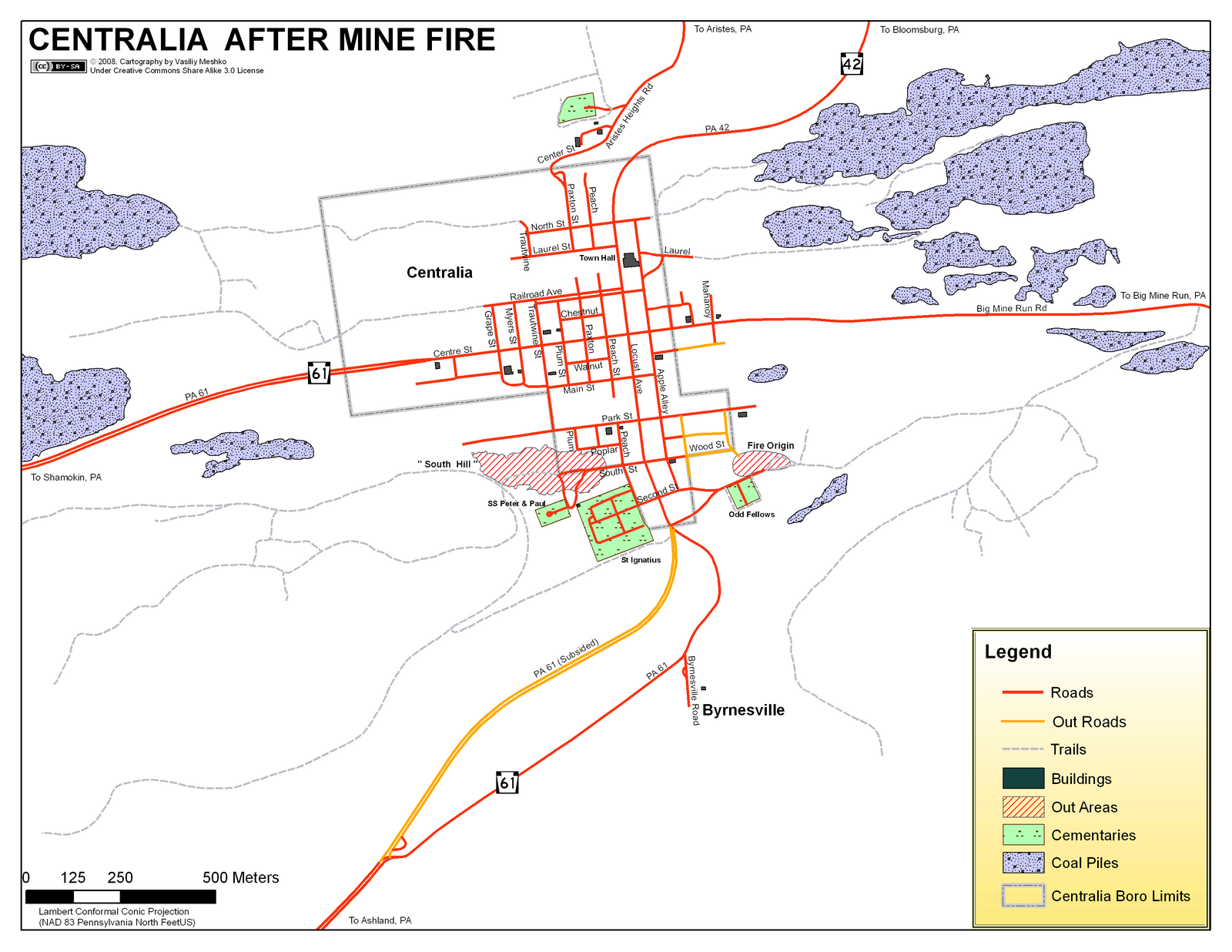 Map of Centralia area showing conditions after mine fire.
