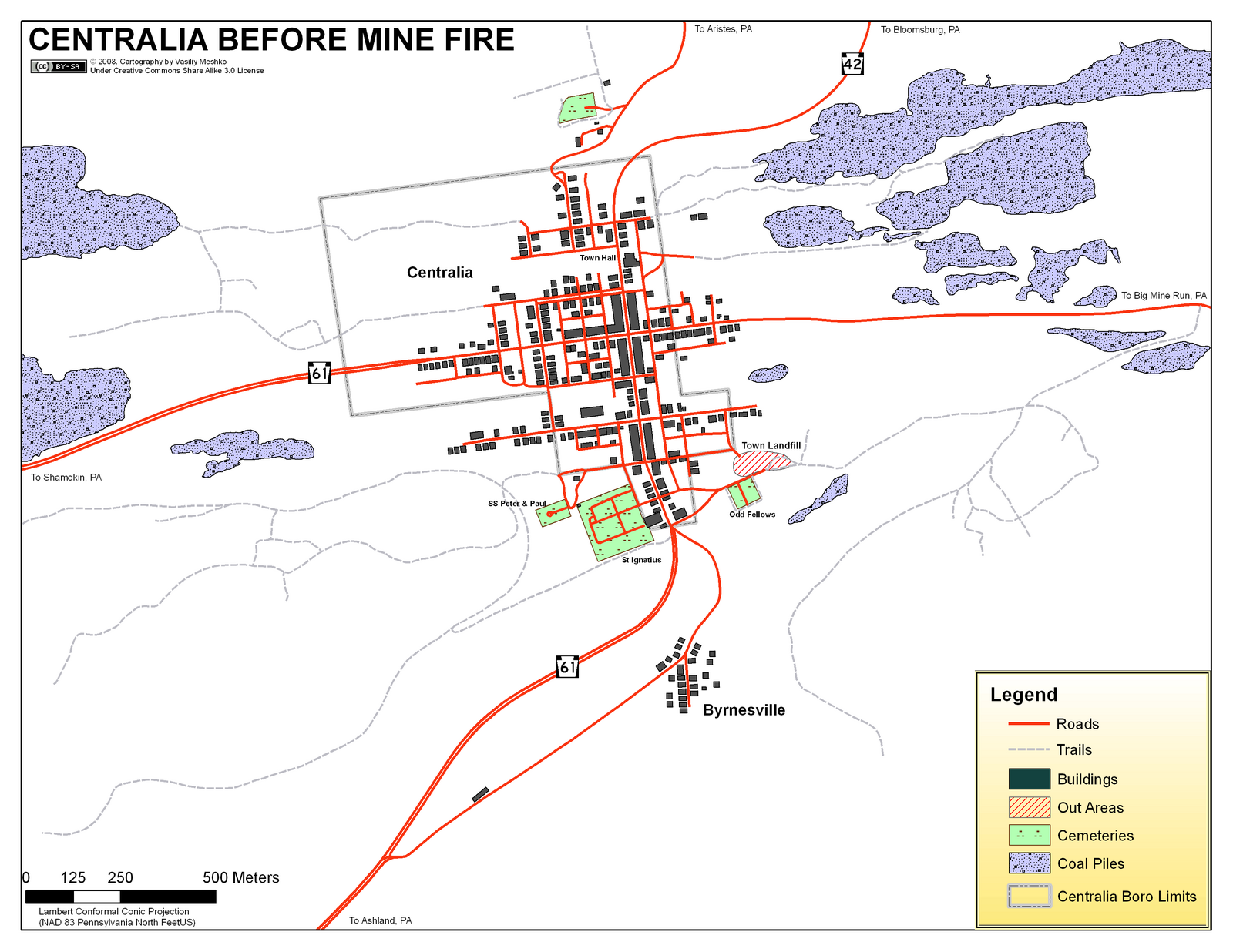 Map of Centralia area showing conditions before mine fire.