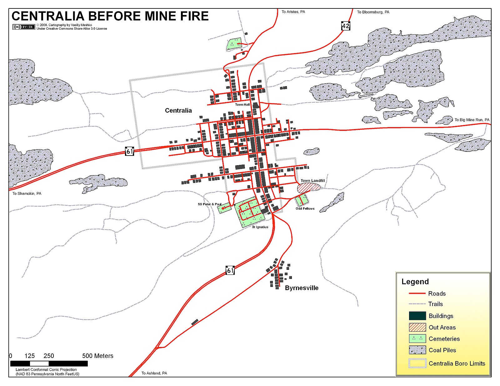 Map of Centralia area showing conditions before mine fire.