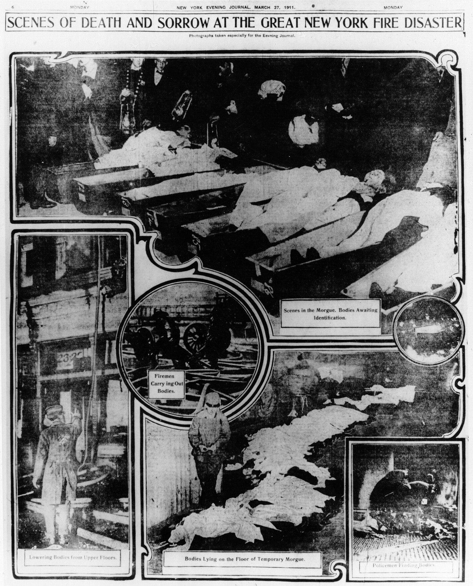 Title:  Newspaper photographs of the Triangle fire, showing victims on the ground outside the Asch Building and at the morgue, March 27. 191