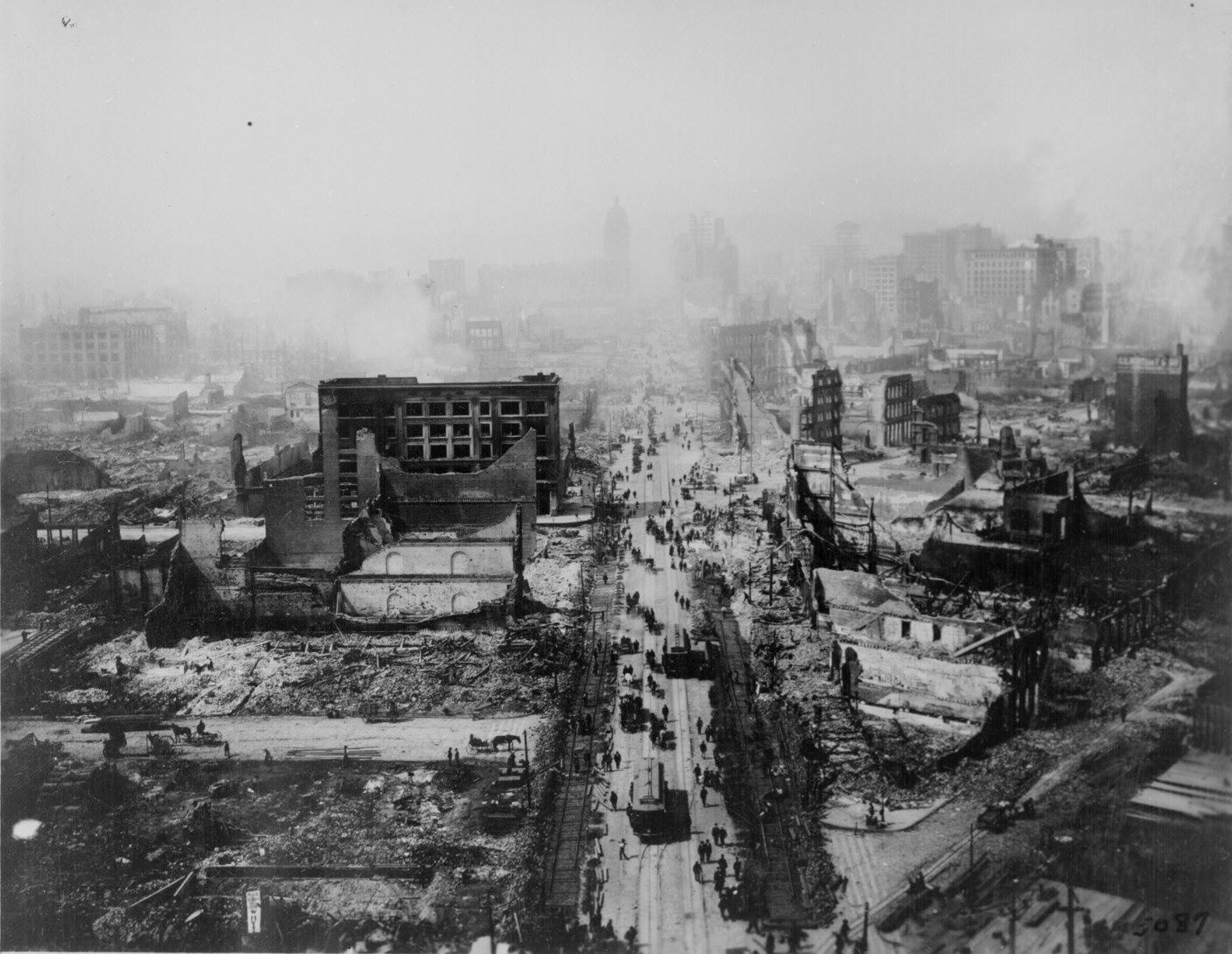 San Francisco, California, United States. 
 Smoldering after the 1906 earthquake, called the  Friscoquake . 
  Taken from the tower of the U