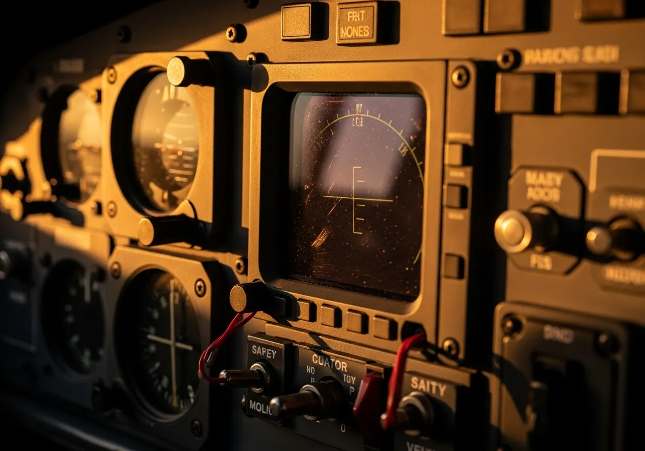 Sunlight illuminates a section of an airplane's cockpit, focusing on the knobs, switches, and a generic flight instrument screen.
