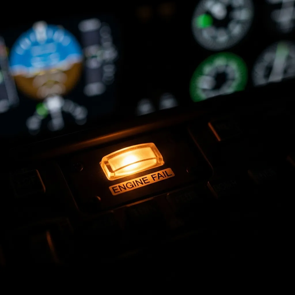 A single, glowing amber warning light on a dark airplane instrument panel at night. Other controls are blurred in the background.