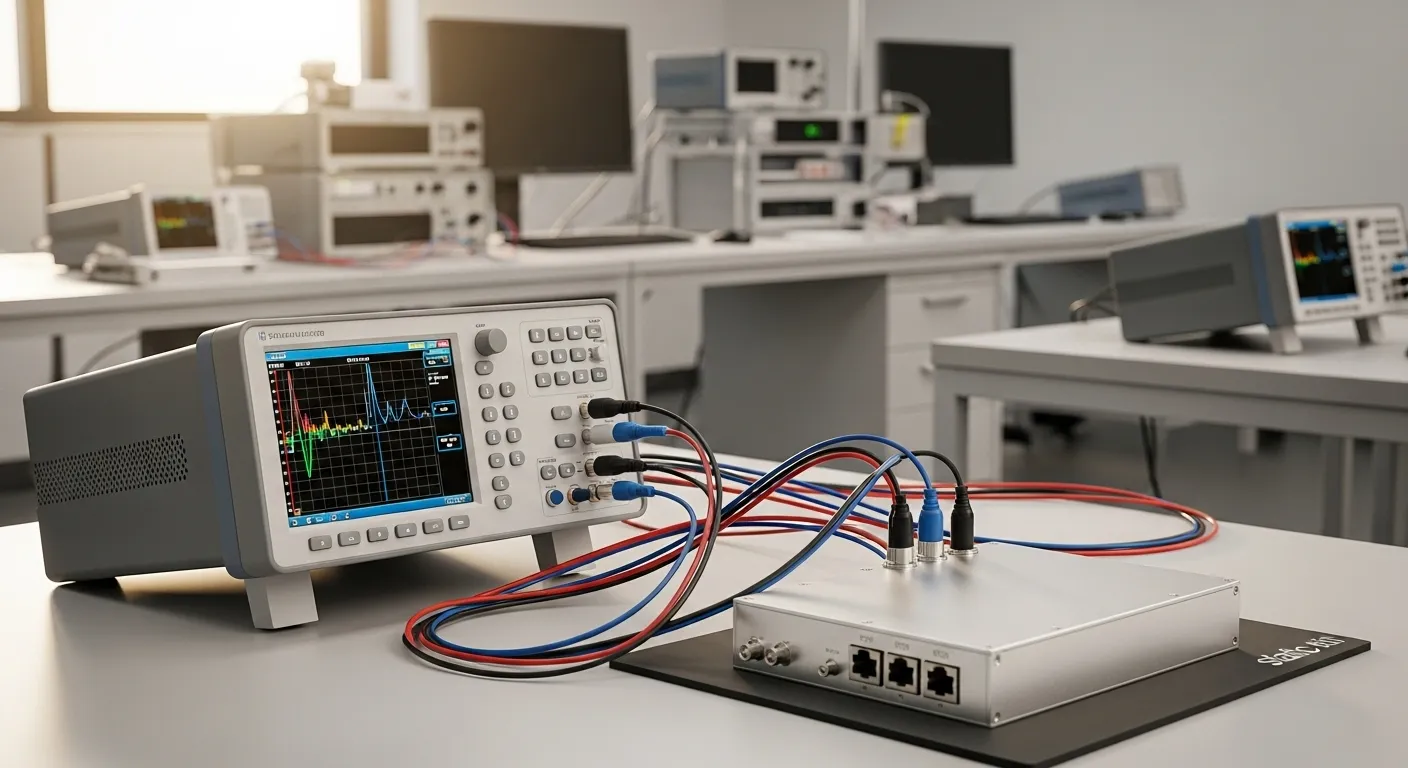 An avionics test bench with satellite hardware connected to diagnostic equipment in a modern engineering lab.