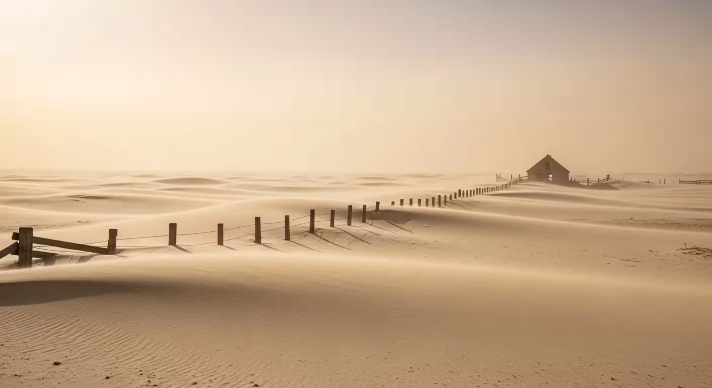 A wide view of a desolate landscape where drifts of pale dust have buried a fence and a small building, leaving only their tops visible.