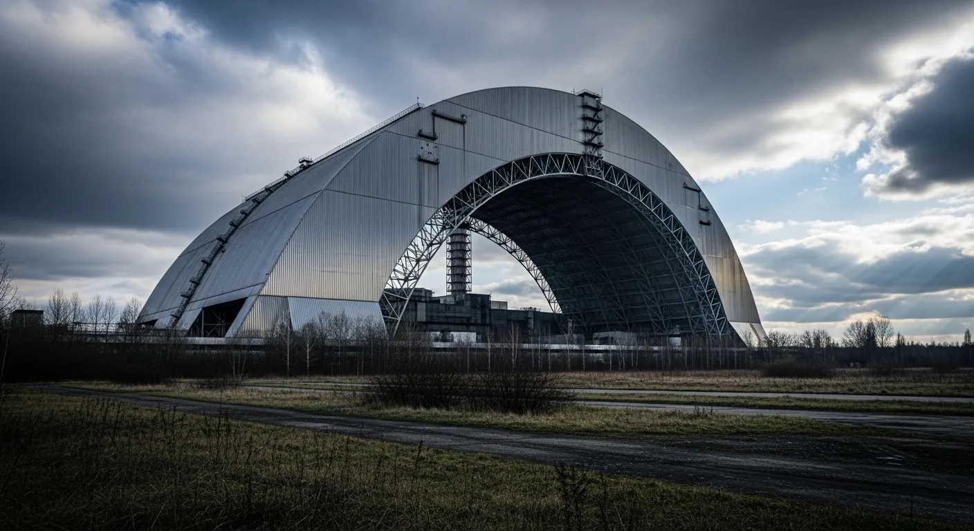 The massive, curved metal arch of the Chernobyl New Safe Confinement structure stands over the former reactor building under a grey, cloudy sky.