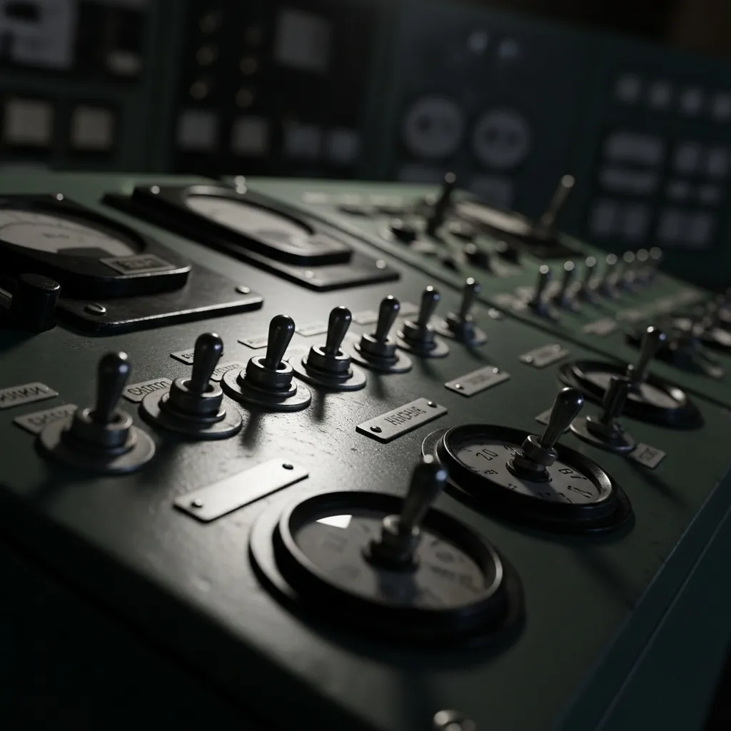 A close-up on a vintage industrial control panel with numerous switches and dials, illuminated by a single, low light source in the dark.