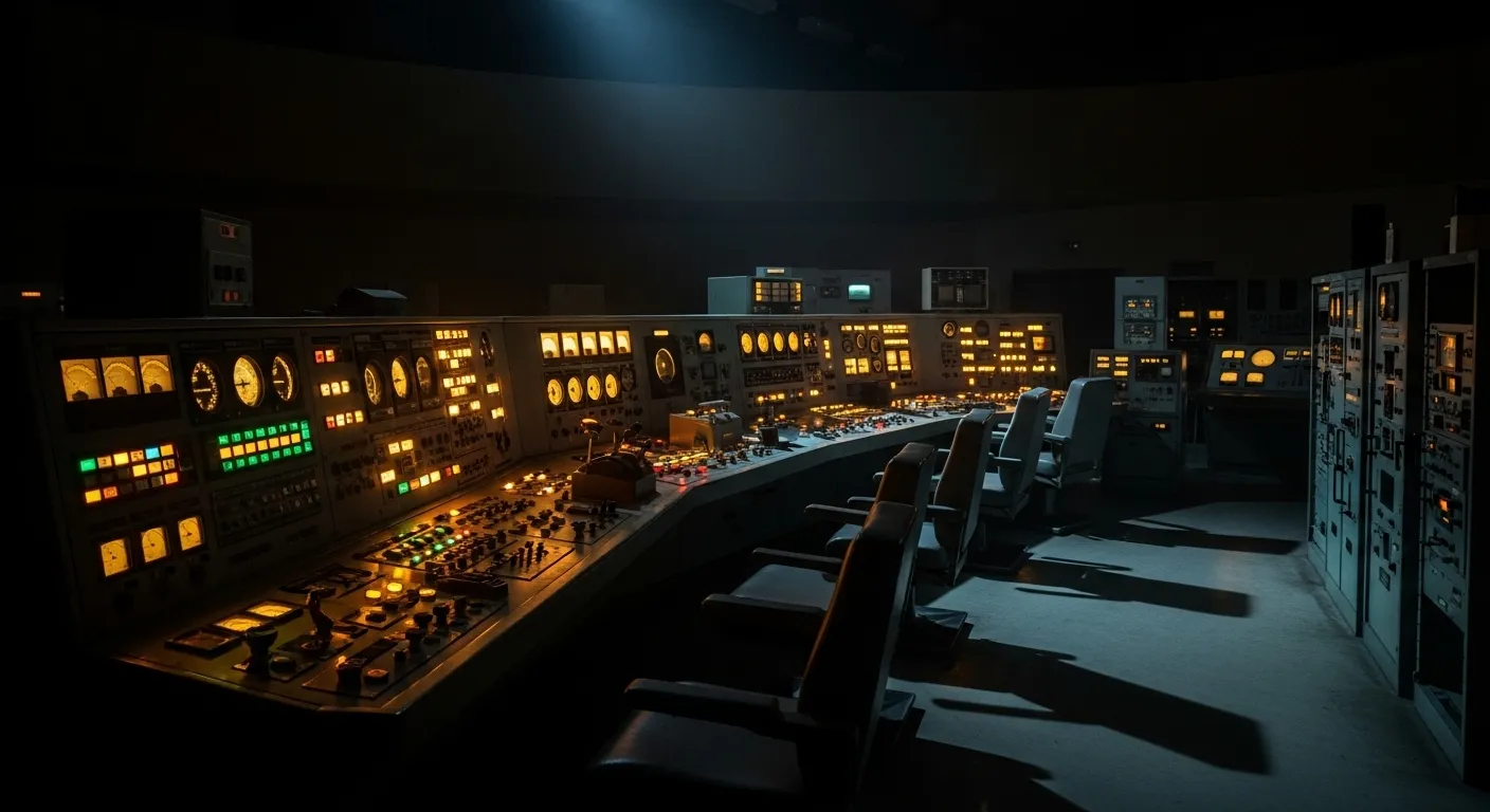 A wide view of a dimly lit, empty vintage control room with large panels of glowing buttons, dials, and screens under cool, artificial light.