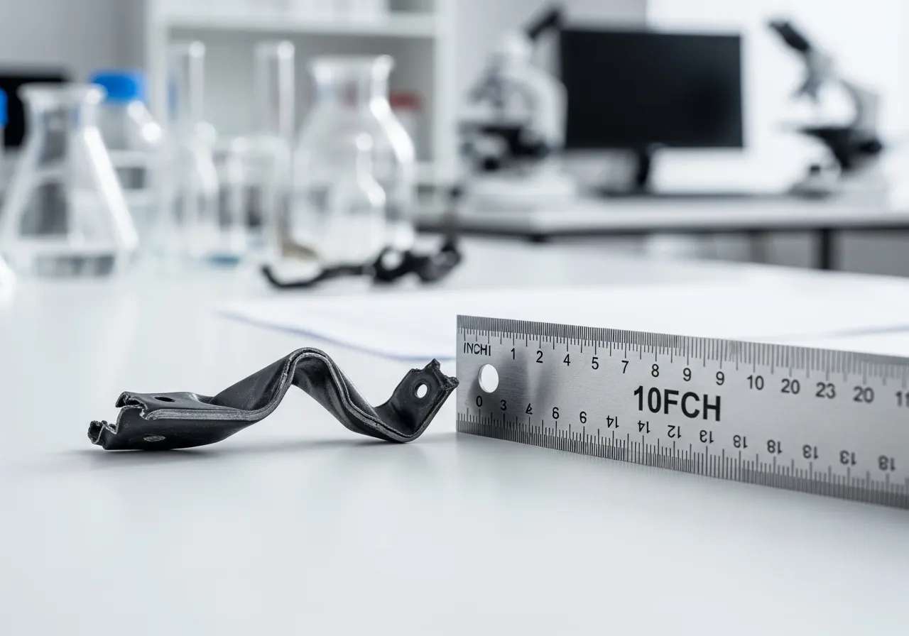 A metal ruler lies next to a fragment of twisted car metal on a stainless steel table in a forensic lab.