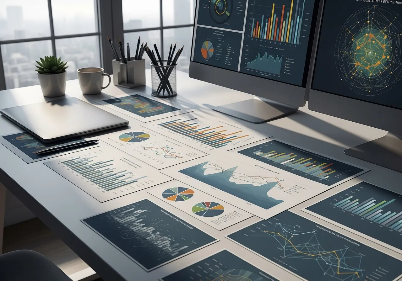 A wooden desk with printed papers showing abstract bar graphs and trend lines. A pen and a half-full coffee mug sit beside the documents.