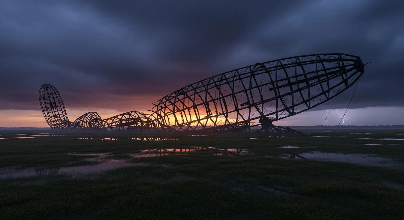 A wide view of a grassy field littered with the charred and twisted metal framework of a crashed airship under a gloomy, overcast sky at twilight.