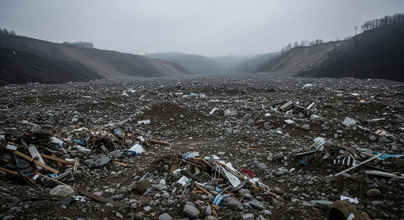 A wide, desolate landscape of a landslide's aftermath, showing earth and rubble from destroyed structures under an overcast sky.