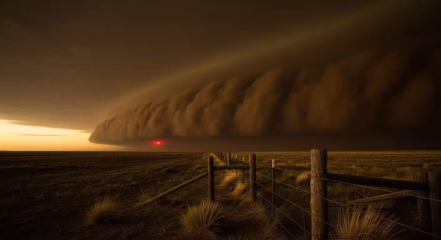 A wide view of a desolate field with a fence leading to the horizon, where a massive, dark dust storm is approaching at sunset.