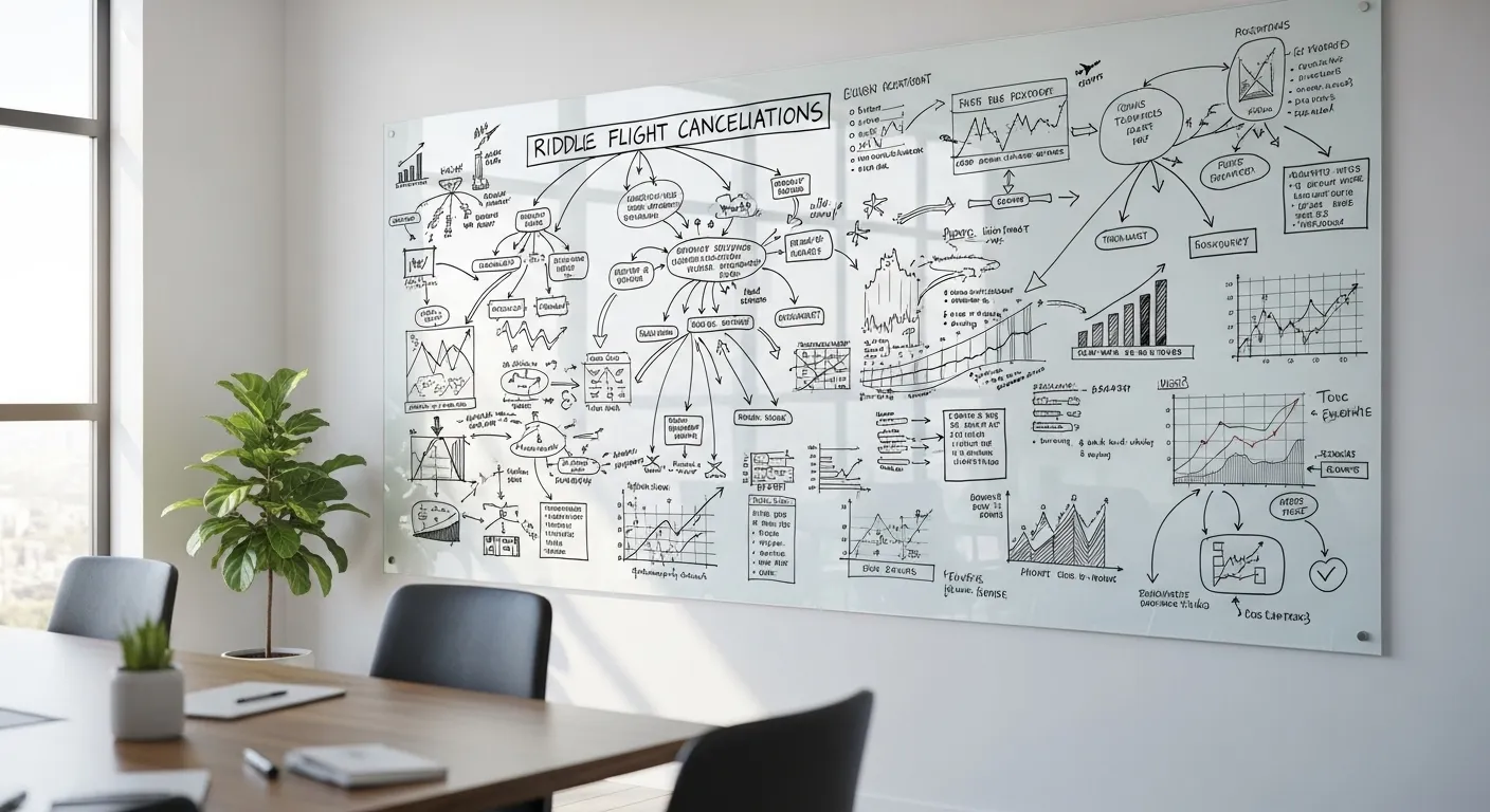 An empty meeting room with a large glass whiteboard filled with abstract charts and diagrams about economic impact.