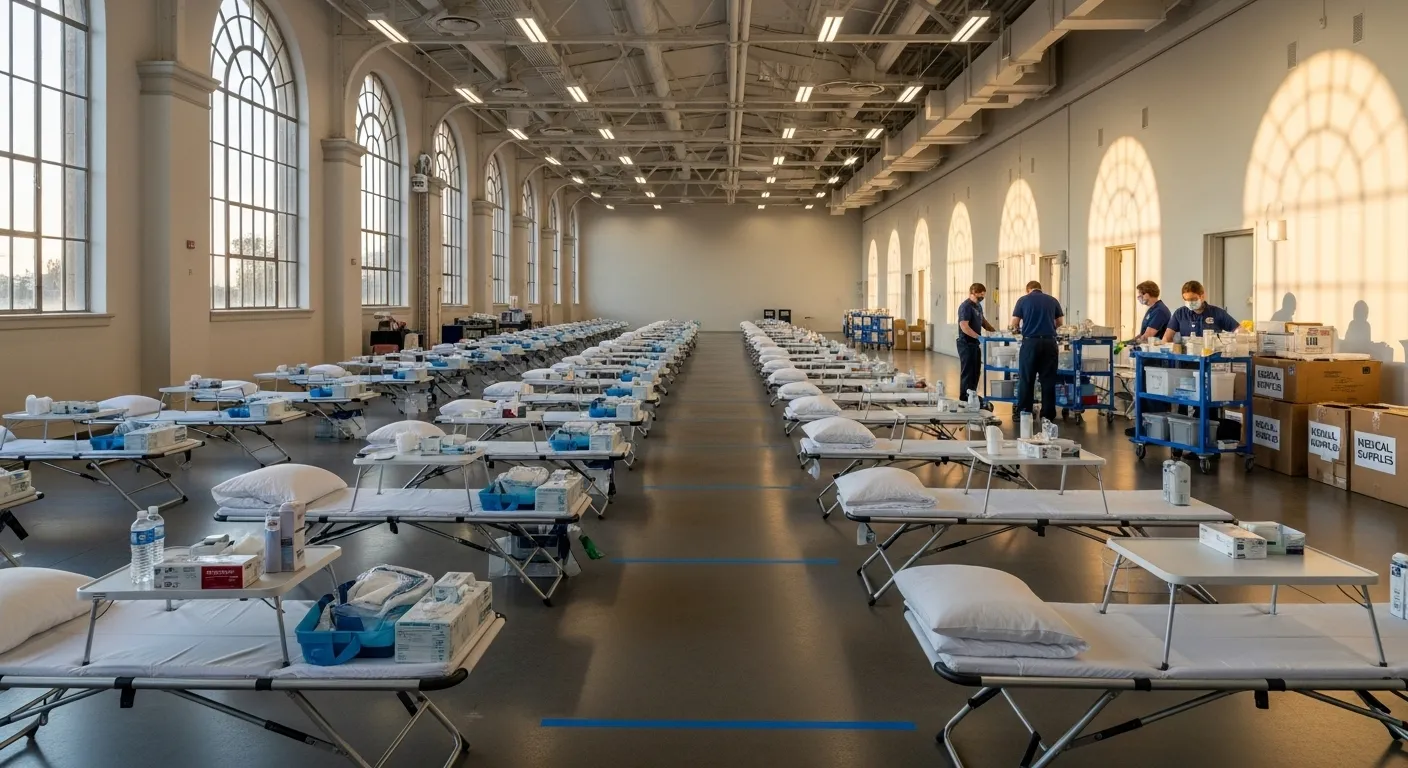 A large, empty triage center with rows of cots prepared for patients. Responders are visible in the distant background.