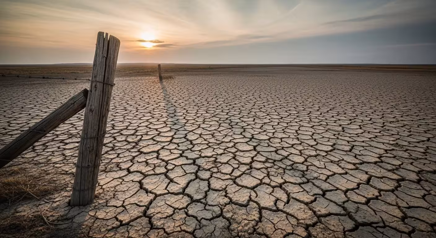 A wide view of a dry, cracked-earth landscape under a hazy sky. A single wooden fence post stands in the foreground.