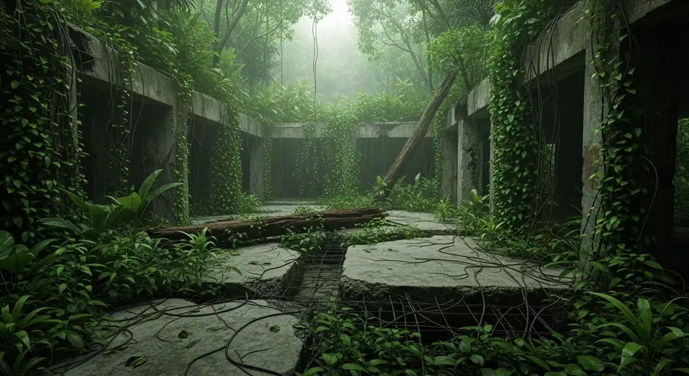The overgrown ruins of a settlement in a dense jungle. Stone foundations are barely visible under thick green vines and foliage.