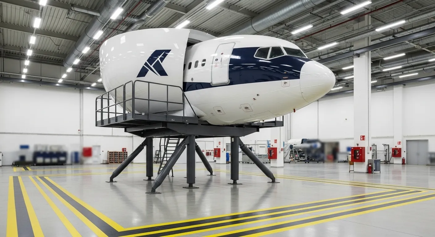 A commercial flight simulator pod on a hydraulic motion platform inside a clean, modern training facility with safety markings on the floor.
