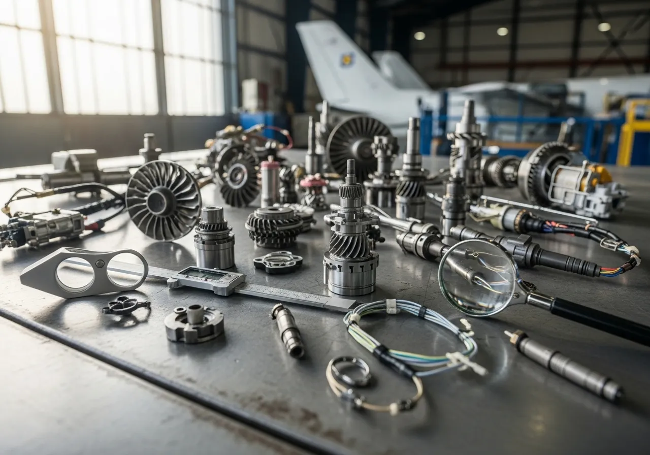 Cleaned and damaged aircraft parts are systematically arranged on a metal table in a workshop for forensic analysis and inspection.