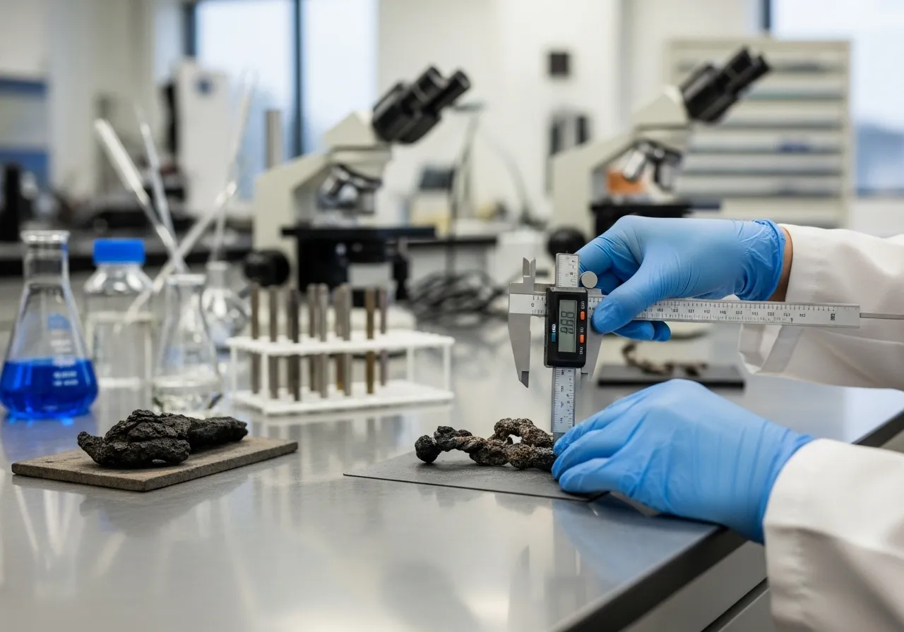 A close-up of a technician's hands in blue gloves using calipers to measure a piece of damaged metal on a lab workbench.