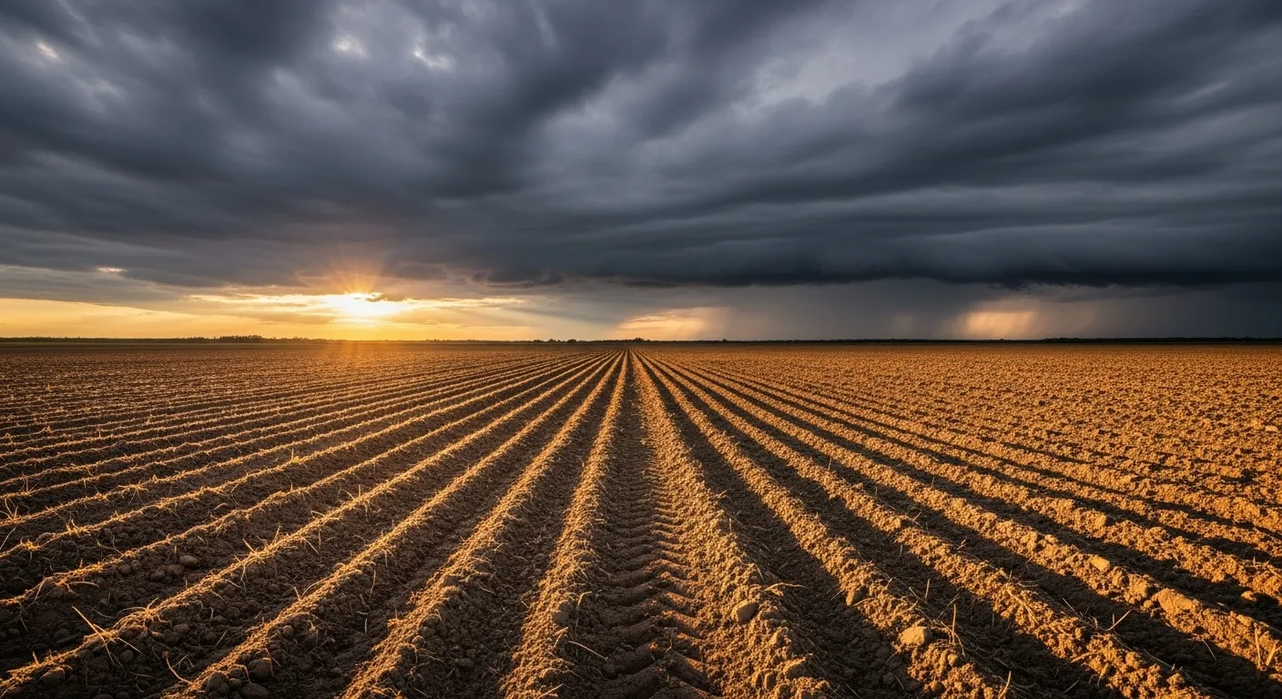 A vast, plowed field of dark soil sits under an immense, threatening sky of storm clouds, with low sun creating long shadows.