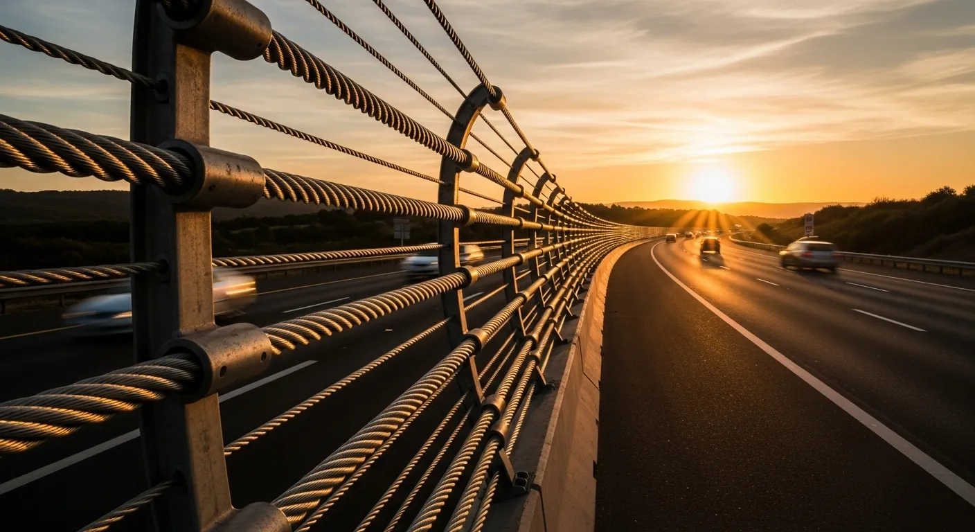A wide view of a modern highway with a cable median barrier separating lanes of traffic during a quiet sunrise.