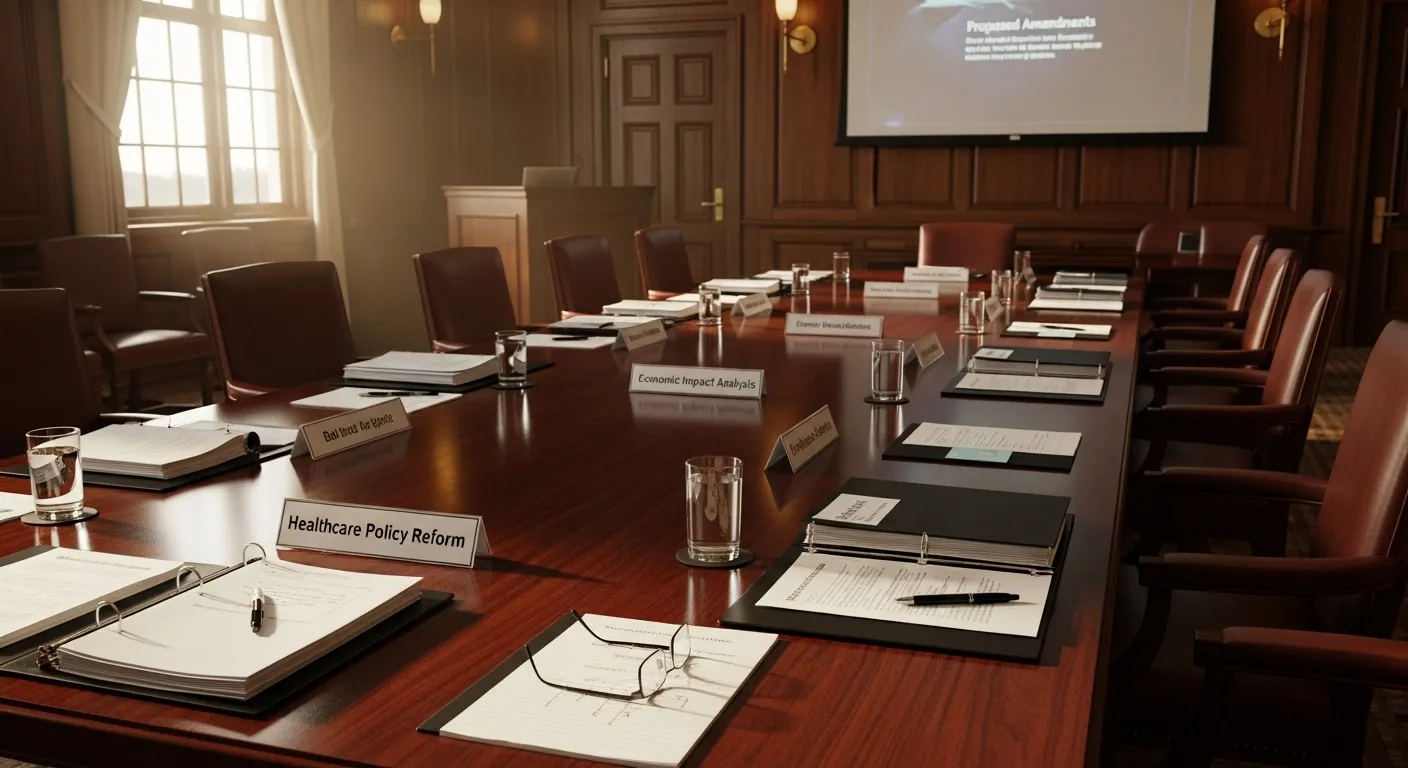 A long conference table in an empty meeting room, with organized stacks of documents and binders left behind after a formal proceeding.