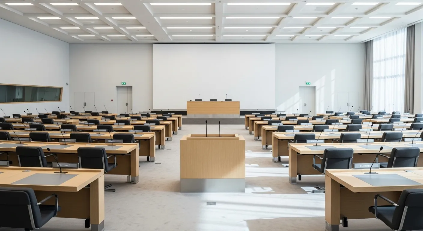 A modern, empty international meeting room with rows of desks and microphones, lit by bright, indirect daylight.