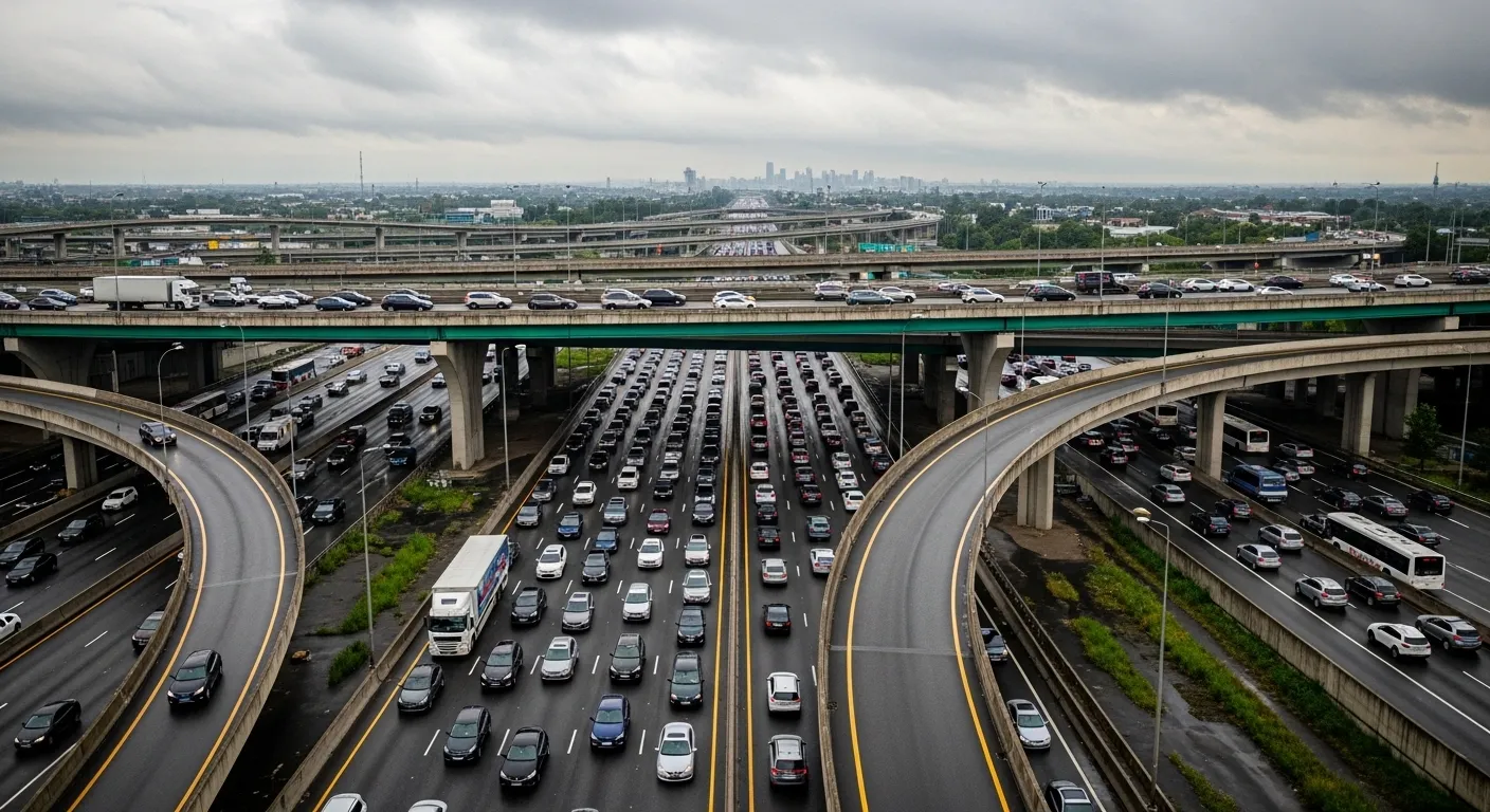 A wide view of a congested highway with multiple lanes of traffic and aging concrete overpasses under a cloudy sky.