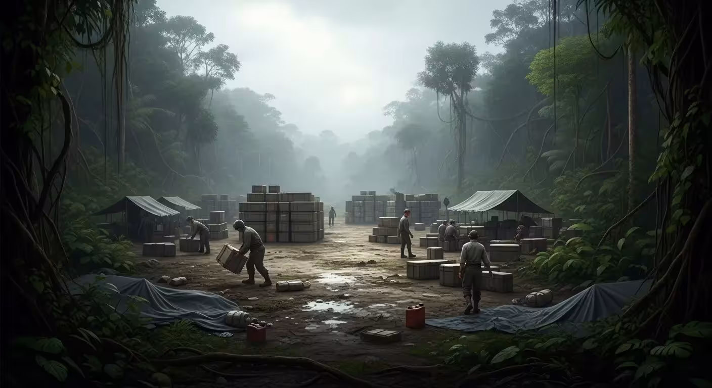 A wide view of a jungle clearing with distant, indistinct figures and stacked supply crates, suggesting a remote logistical operation.