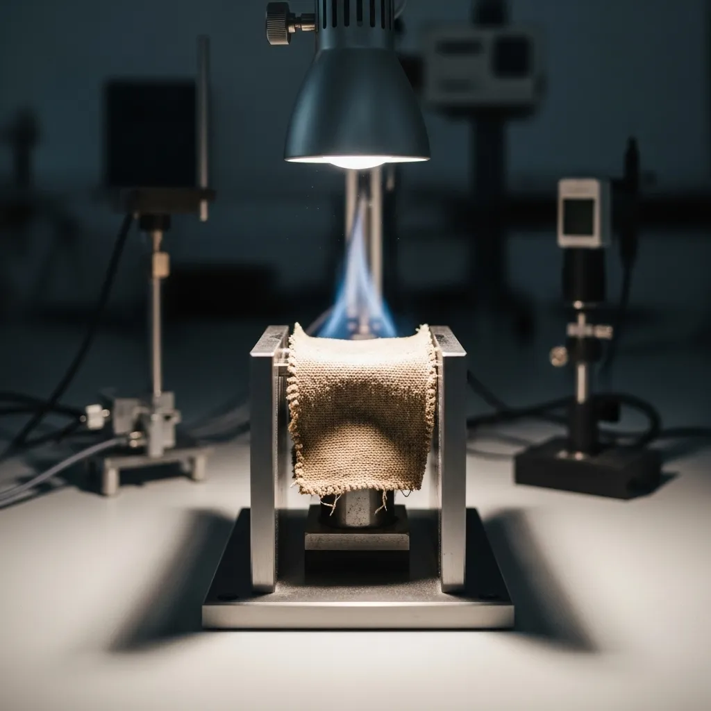 A swatch of fabric is mounted in a scientific clamp on a laboratory bench, prepared for a materials safety and flammability test.