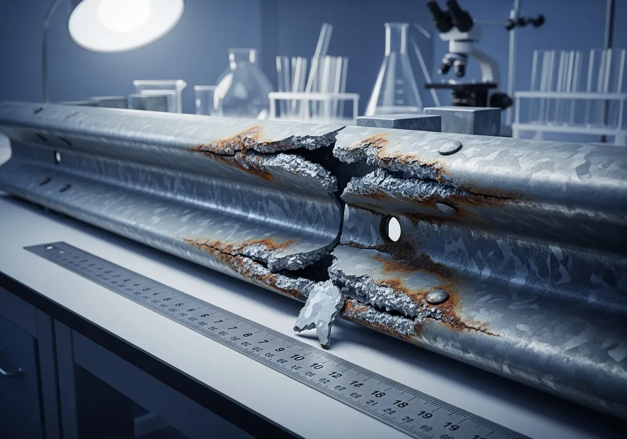 A twisted piece of guardrail on a laboratory workbench, with a ruler next to it for scale during a material failure analysis.