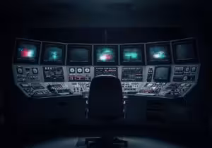 A single empty chair faces a large, dark console of obsolete technology in a dimly lit room, suggesting surveillance or control.