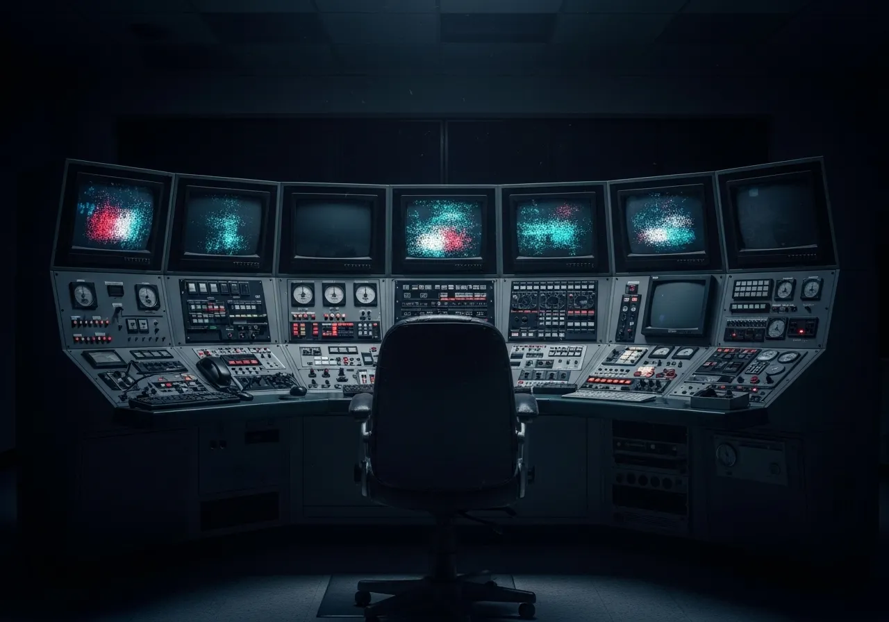 A single empty chair faces a large, dark console of obsolete technology in a dimly lit room, suggesting surveillance or control.