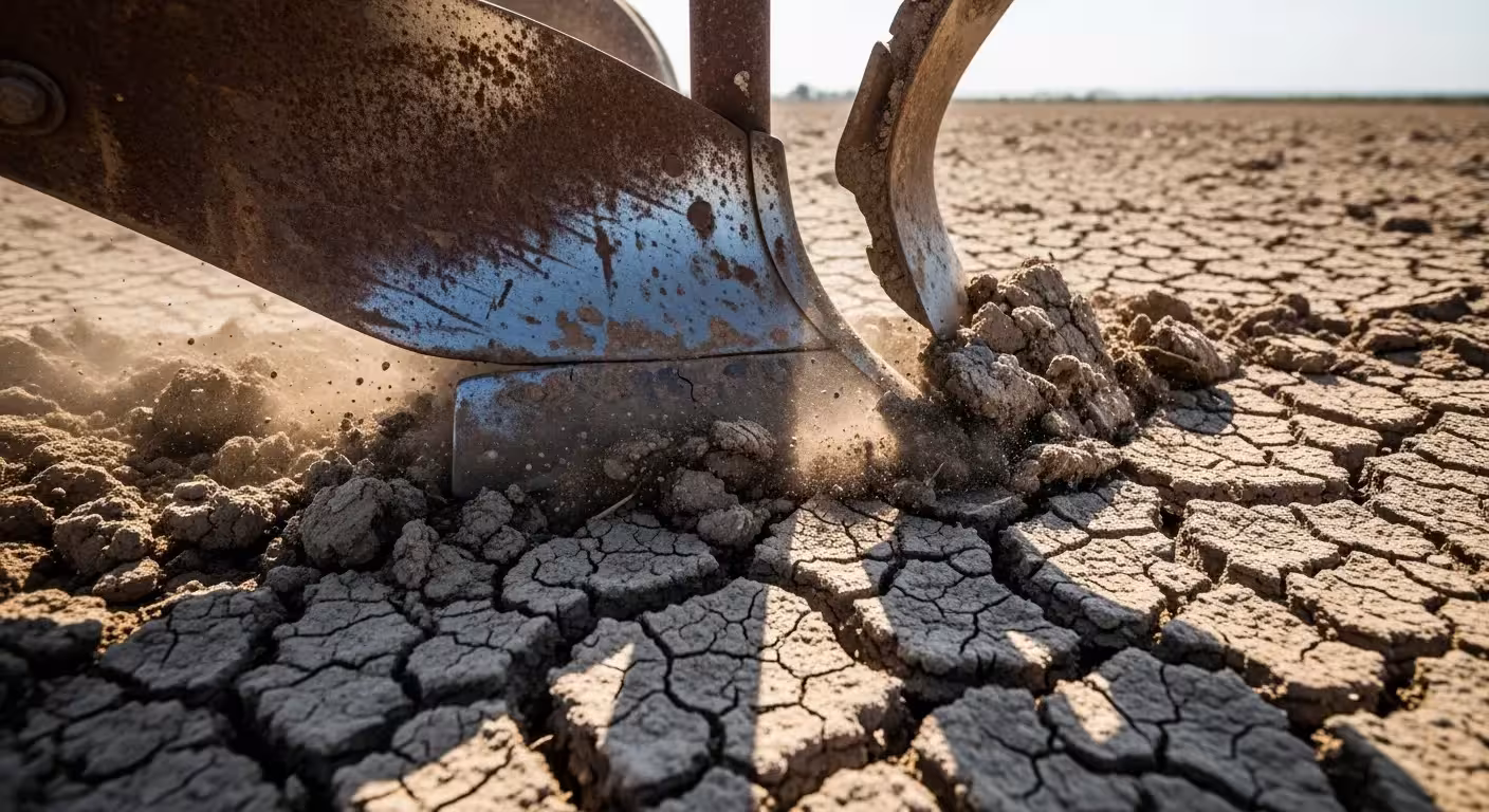 A close-up of a rusty plow blade slicing through dry, cracked soil under a harsh sun, with a desolate field in the background.