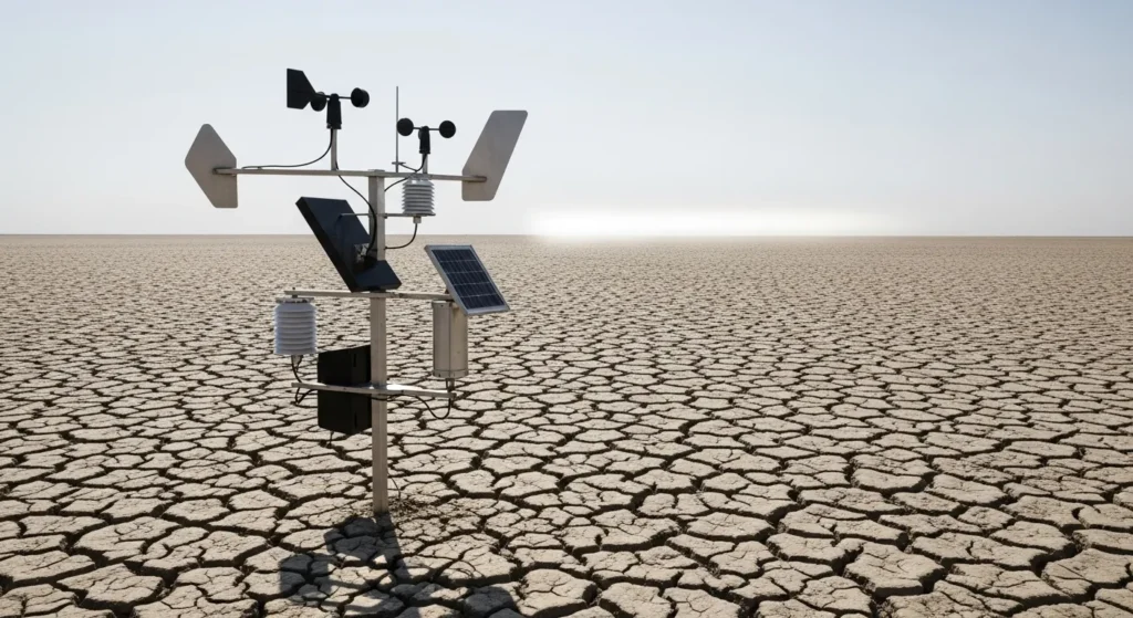 A vast, dry lakebed with deep cracks in the earth under a bright, hazy sky. A lone, modern weather station stands in the foreground.