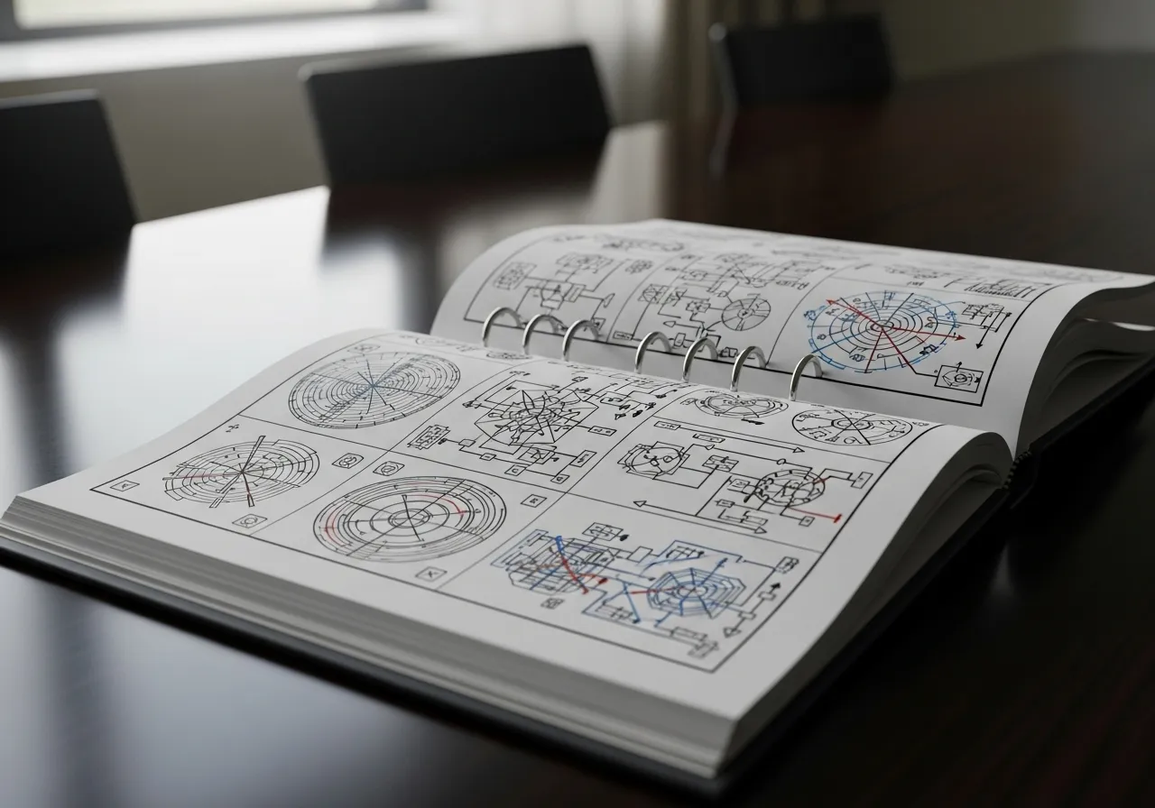 An open government report showing abstract data charts and graphs sits on a dark wooden table in a brightly lit room.