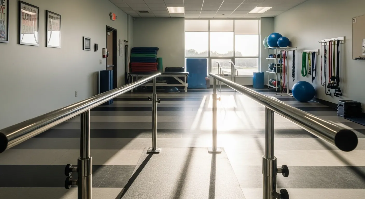 Parallel bars in a brightly lit physical therapy room, suggesting a space for recovery and rehabilitation after a severe injury.