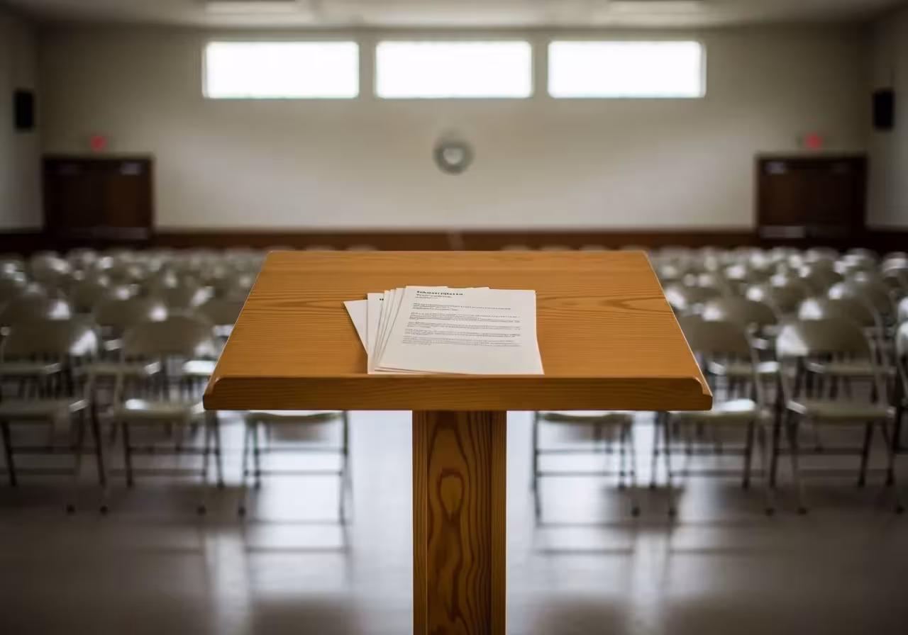 A simple wooden lectern with a stack of blank pamphlets on it, facing rows of empty folding chairs in a community hall.