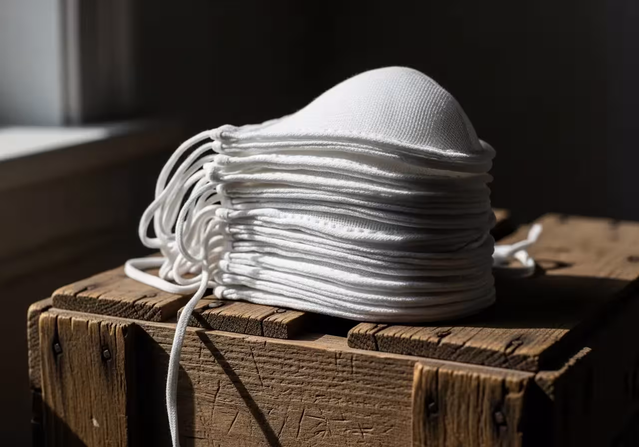 A neat pile of vintage-style white gauze dust masks sits on a weathered wooden surface in low light.