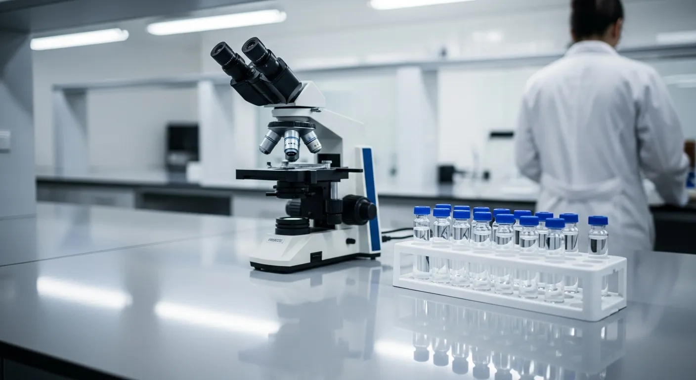 A sterile lab bench with a microscope and a rack of vials, illuminated by bright, even light. A person is blurred in the background.